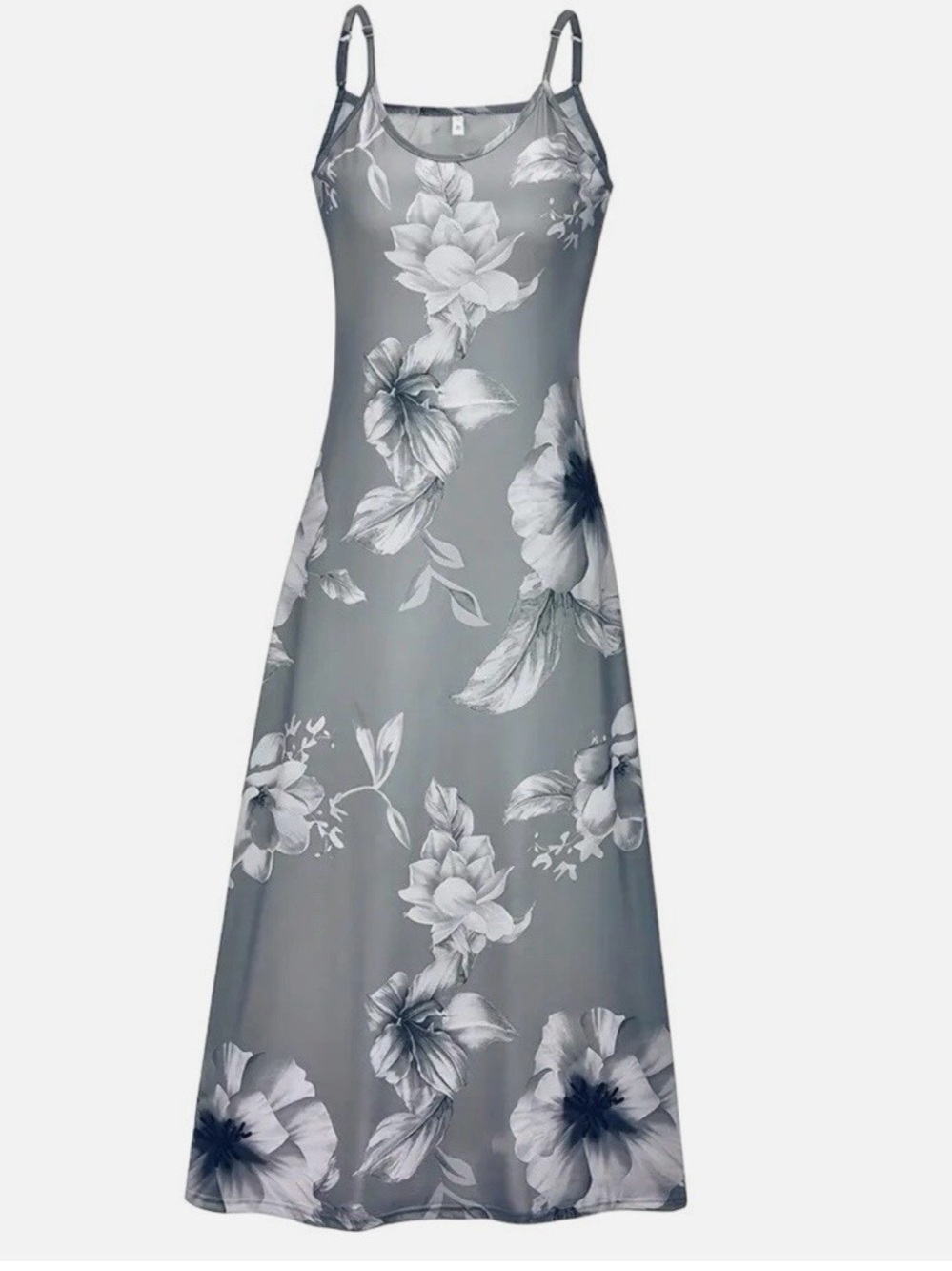 Gray Floral Maxi Slip Dress with Adjustable Spaghetti Straps